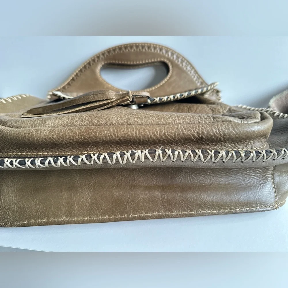 Patricia Nash Sage Green Distressed Leather Stitch Trim Detach Strap Hobo Bag